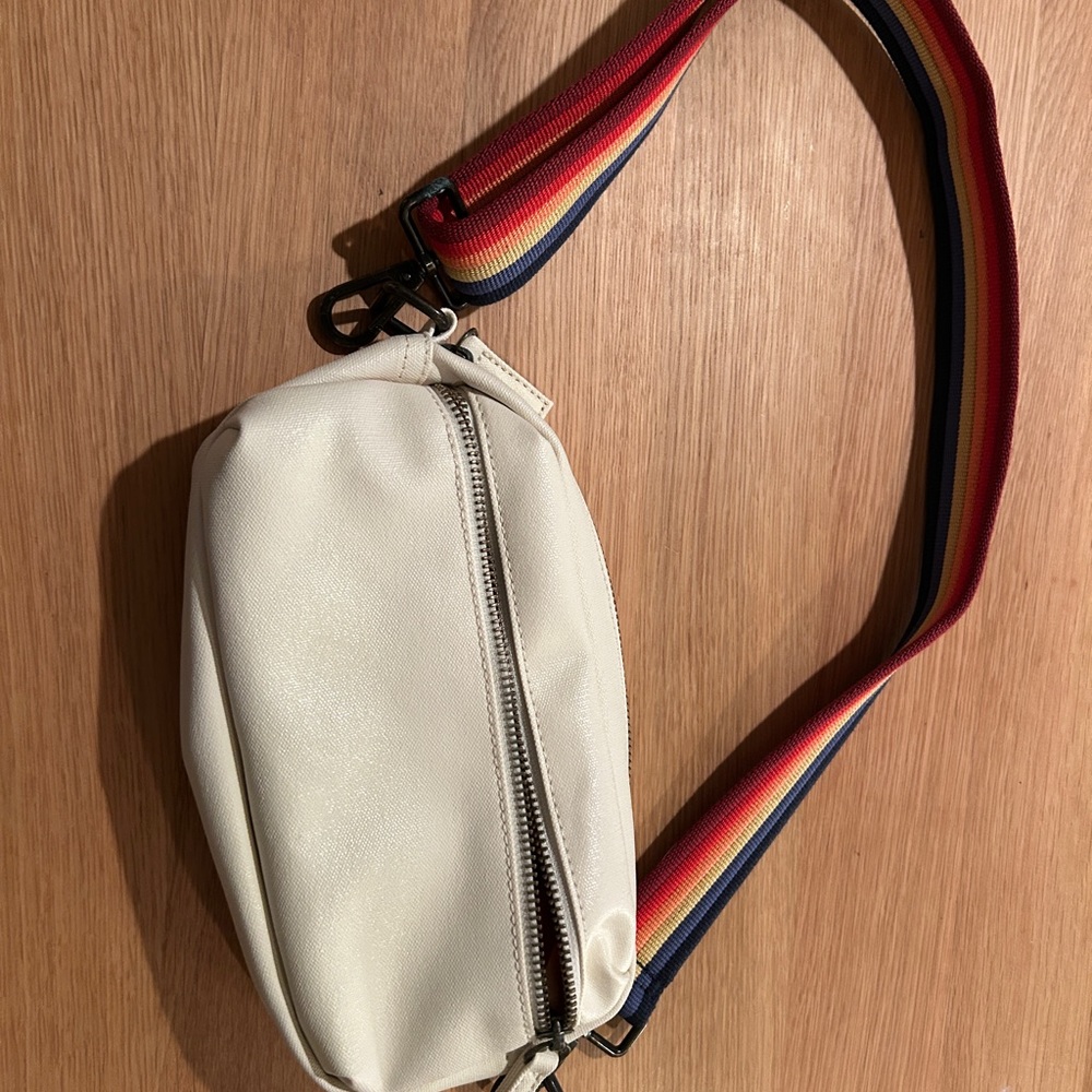 Stylish Marine Layer White Crossbody Bag with Rainbow Strap